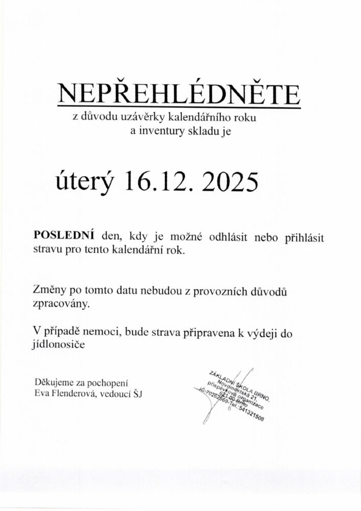 INFORMACE ZE ŠKOLNÍ JÍDELNY – důležité